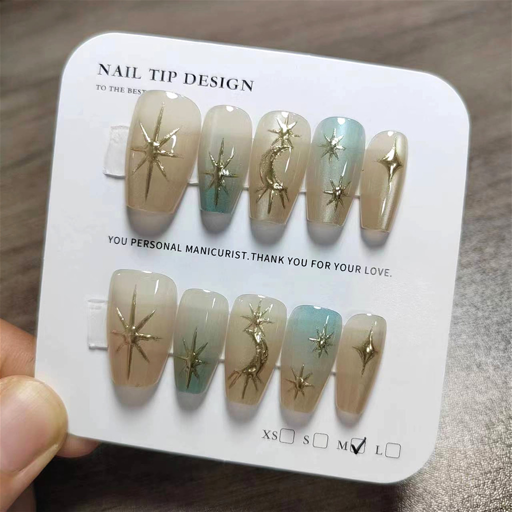 10pcs Cat Eye Handmade กดบนเล็บเล็บปลอมพร้อมสติกเกอร์กาว M015