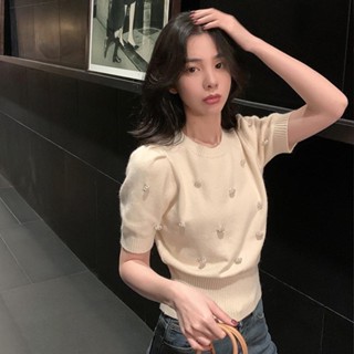 MIMI&DIDI#เสื้อครอปผู้หญิงผ้าไหมพรมบาง แต่งลูกปัดข้างหน้า สว…