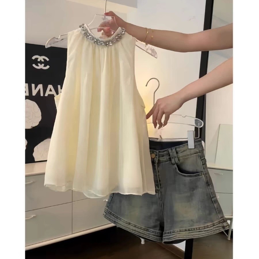 Elegant New Summer Sexy Women's Vest Sleeveless Sling 13 Lines Heavy Industry Top off-the-Shoulder Slim Halter French Style