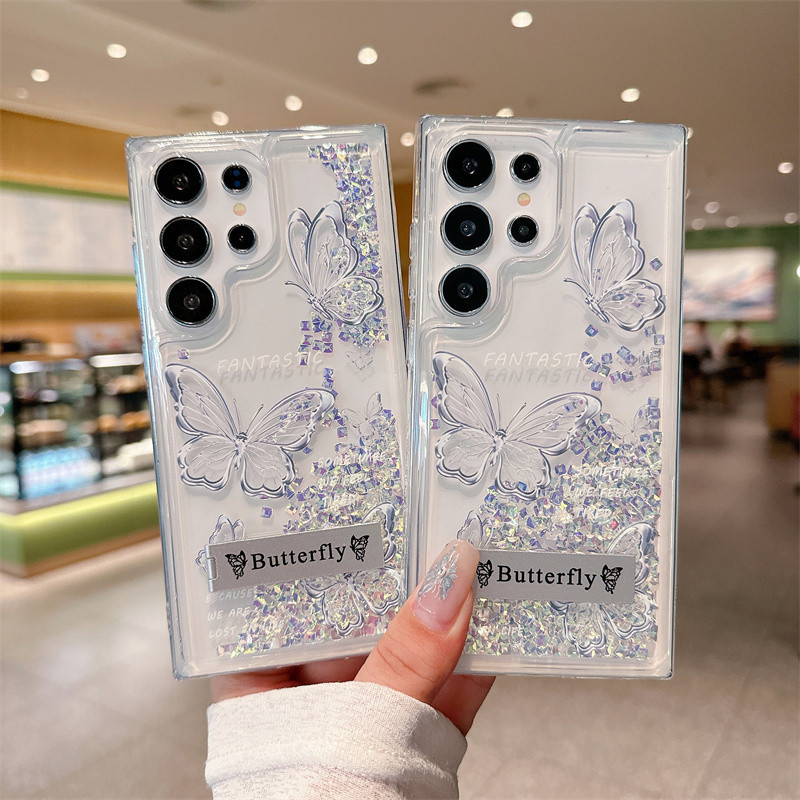 Crystal Quicksand Butterfly Samsung S24 Ultra S23 Plus S22 Ultra S21 Plus Casing Soft Silicone Mobile phone holder เคสกันกระแทก