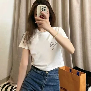 COD 🌈พร้อมส่ง🌈 เสื้อครอปแขนสั้น ผ้าคัตคอน นิ่มใส่สบาย #แขนสั้น เสื้อยืดพิมพ์ลาย 100%Cotton T-shirt เสื้อยืดผู้หญิง