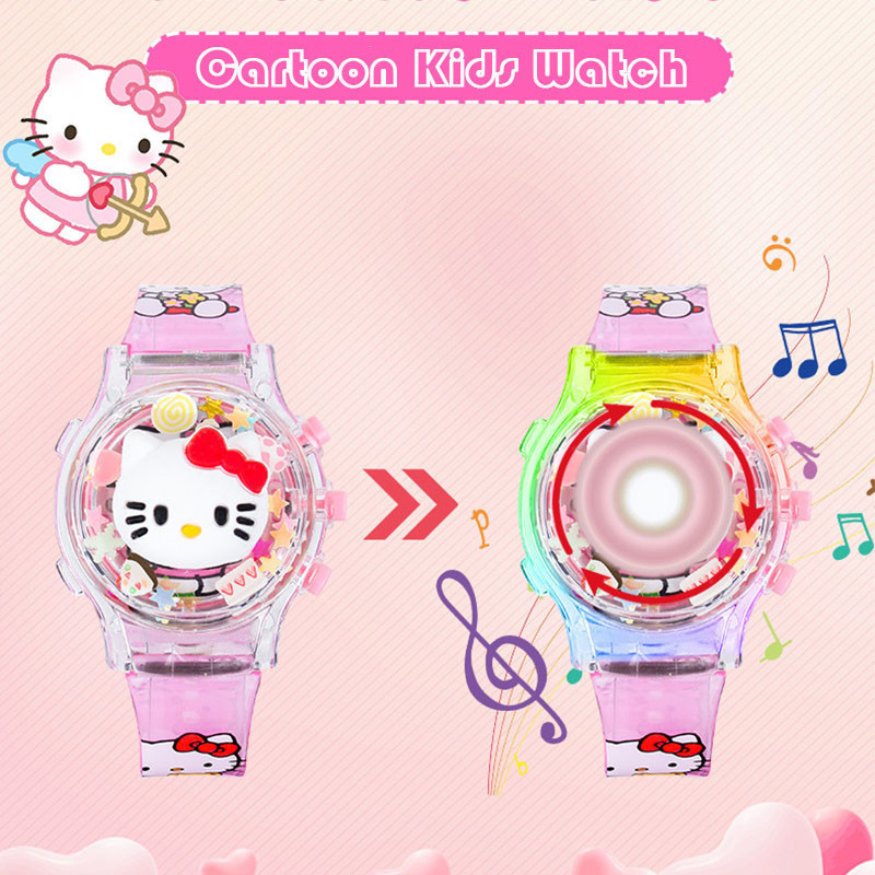 SANRIO นาฬิกา ซานริโอ คุโรมิ พร้อมกล่องของขวัญสําหรับเด็กผู้หญิงหมุนเรืองแสงเพลงนาฬิกาที่มีสีสันกระพริบเด็ก นํา นาฬิกาสําหรับของขวัญนักเรี