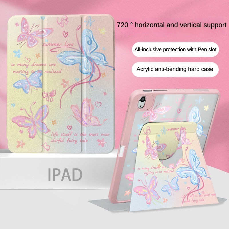 เคส Ipad 360 ° Rotationcolorful Rose Butterfly เหมาะสําหรับอะคริลิค iPad Air6 Gen7/8/9 10.2 Gen5/6 9.7 Air4 Air5 10.9 Pro11 Gen10 Triple พับ iPad Cover