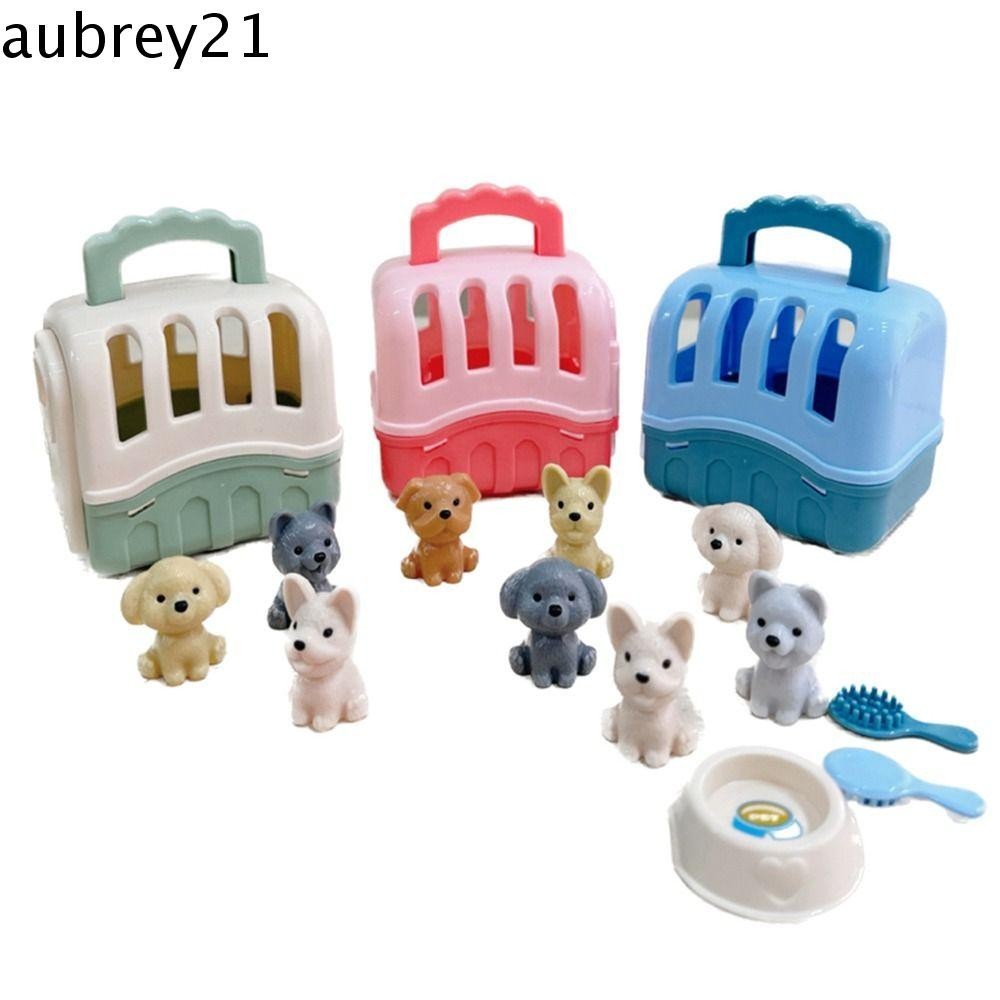 Aubrey1 ชุดตุ๊กตาสุนัข,ตะกร้าสัตว์เลี้ยงของเล่นครอบครัวสุนัขตุ๊กตาของเล่น,เล่นบ้านขนาดเล็กตกแต่งฉากเล่นกรงสุนัขของเล่นเด็ก