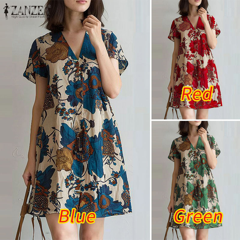 Zanzea ชุดเดรสแขนสั้นคอวีลําลองเกาหลีสําหรับผู้หญิง - รูปที่ 2