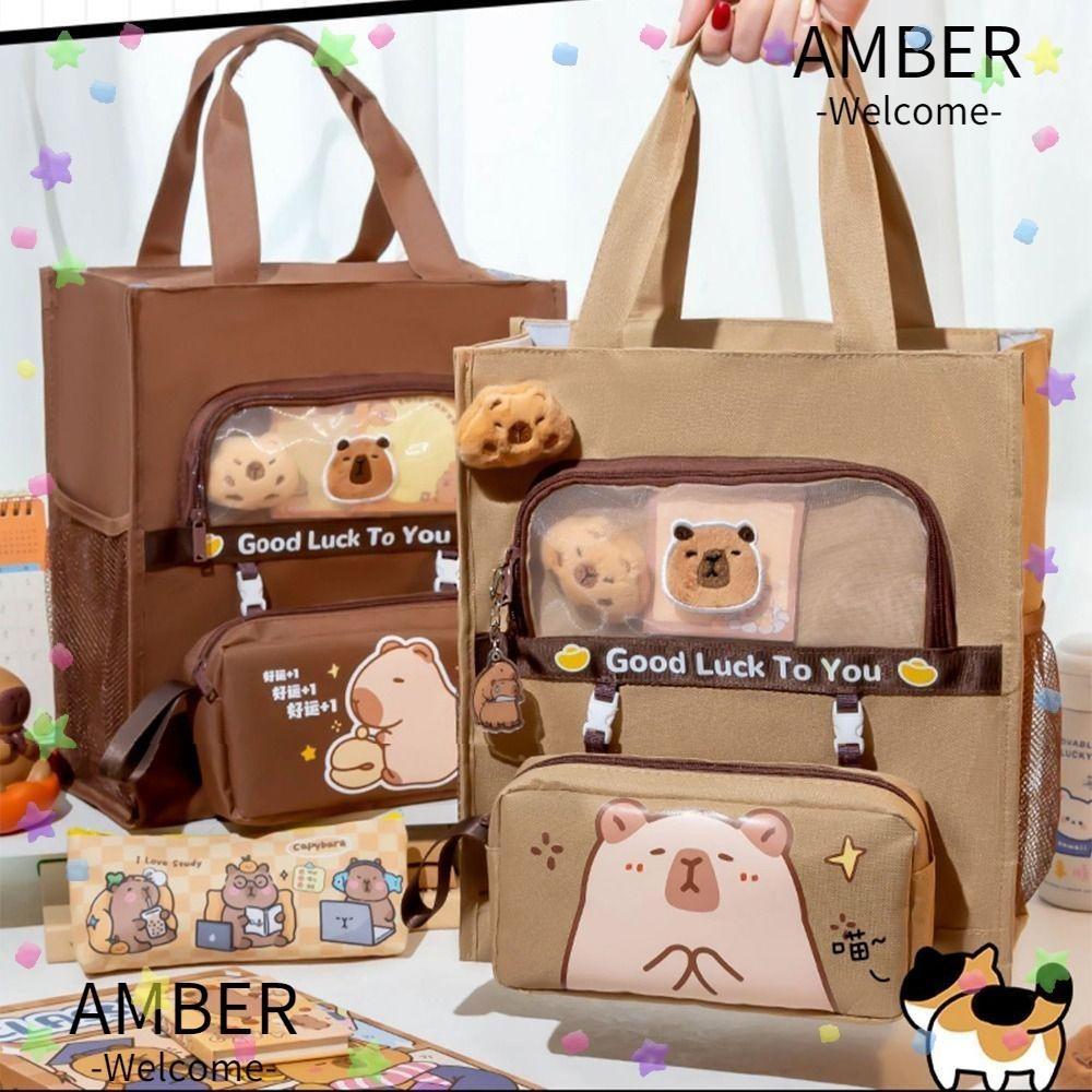กระเป๋านักเรียน AMBER Tote, Capybara กระเป๋ากวดวิชาความจุขนาดใหญ่, ผ้าใบห้าชั้นคุณภาพสูง A4 กระเป๋าแฟ้มชายหญิง