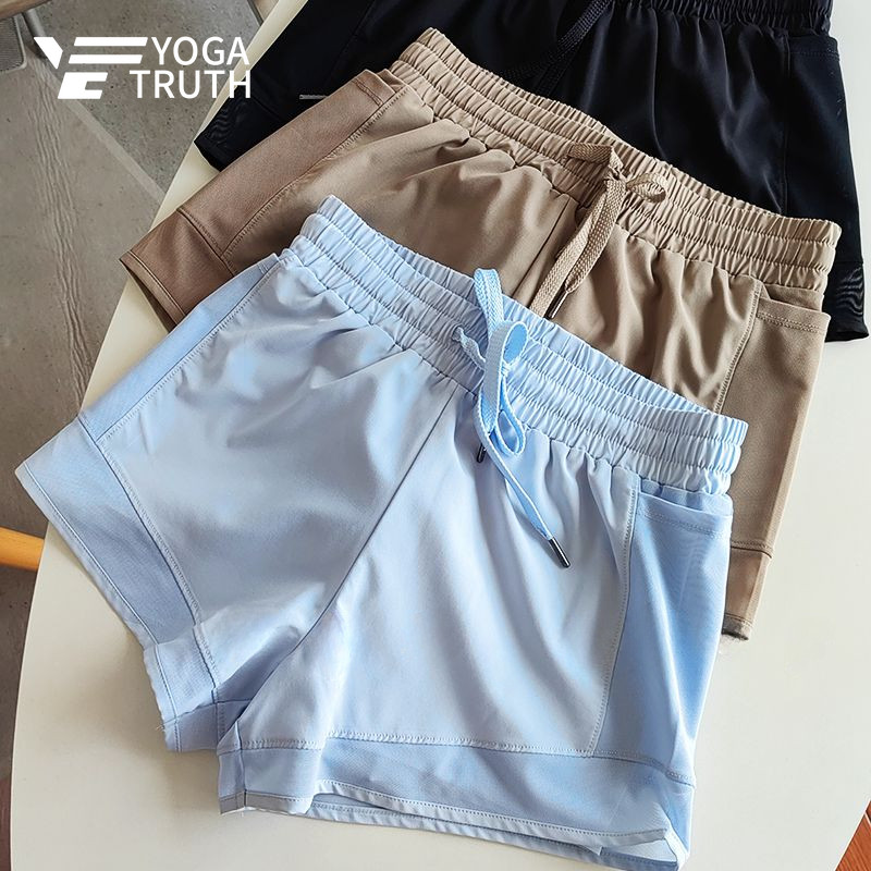 YOGATRUTHSports กางเกงขาสั้นผู้หญิงสองชั้นเซ็กซี่ตาข่ายกระเป๋ากางเกงขาสั้นยืดหยุ่นสูงโยคะวิ่ง