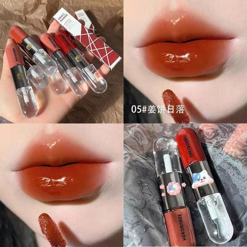 Herorange ลิปสติก ลิปกลอส เคลือบริมฝีปาก สองหัว เพิ่มความชุ่มชื้น ติดทนนาน สีนู้ด