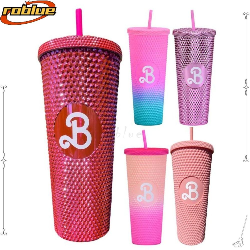 Roblue ขวดน้ําฟาง, อุปกรณ์ตุ๊กตาบาร์บี้ Barbies Movie Pink Barbai Cup, พร้อมหลอด Barbiee Studded Tumbler ถ้วยดื่มโฮมออฟฟิศโรงเรียน