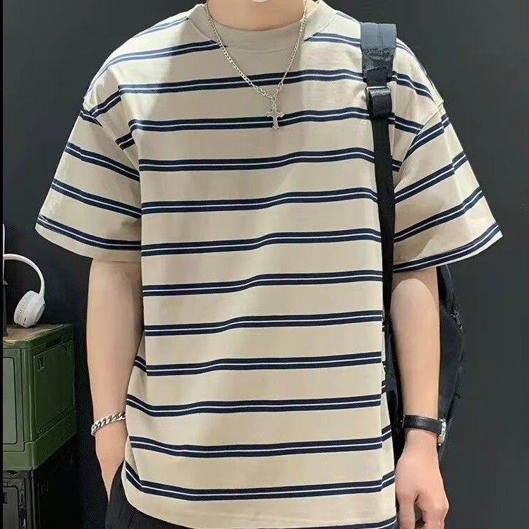 ใหม่ผู้ชายสไตล์ฮ่องกงฤดูใบไม้ร่วงหนาสีจับคู่ลายลูกเรือคอแขนสั้นเสื้อยืด