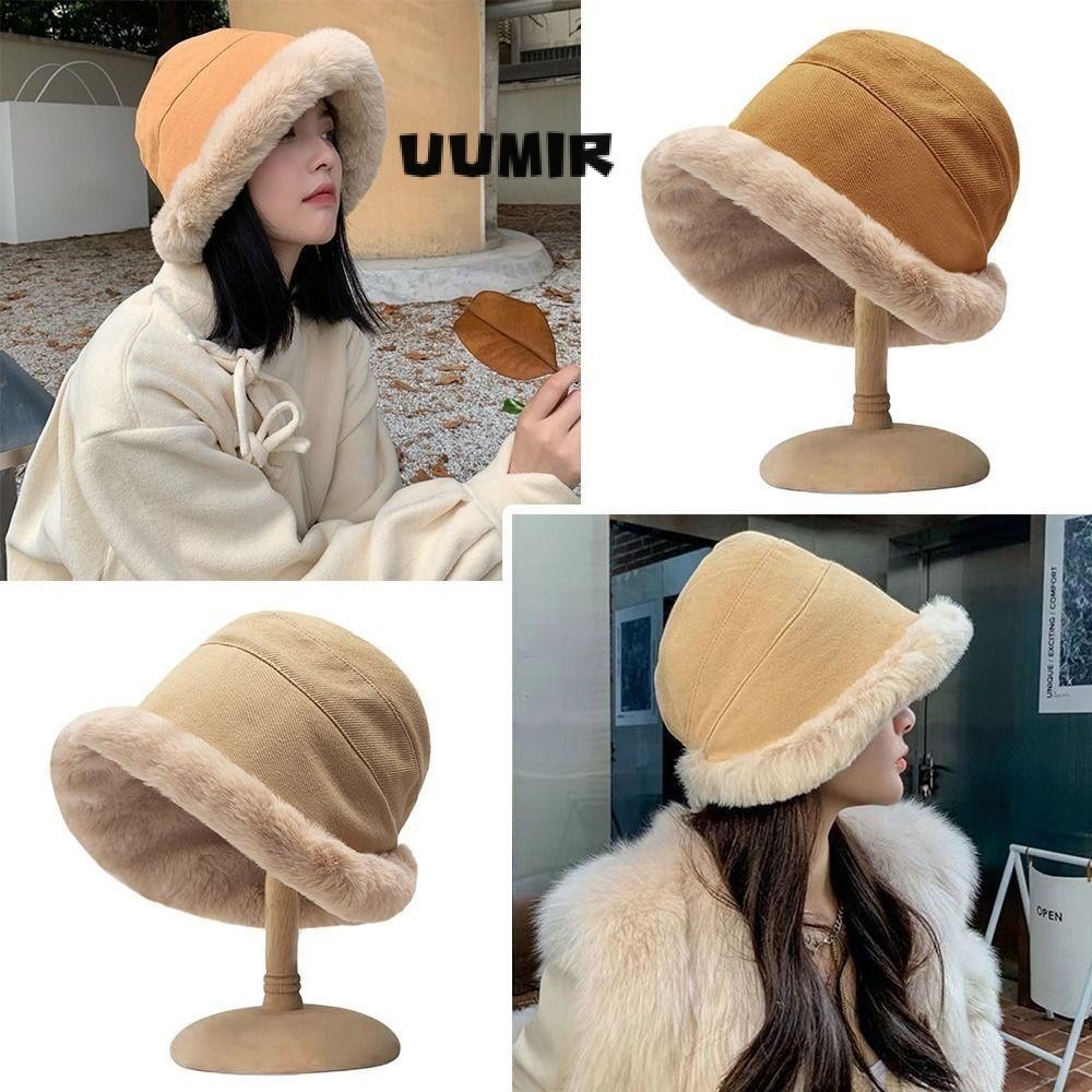 UUMIR หมวก Plush Bucket,หมวกตกปลาที่อบอุ่น,หมวกกำมะหยี่นุ่มในฤดูหนาวกลางแจ้ง