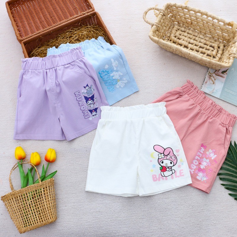 SANRIO สาวสั้นกางเกงลําลองผ้าฝ้ายเย็นเด็กกางเกงขาสั้นน่ารัก ซานริโอ หลวมบางเบอร์มิวดาเอวสูงกางเกงฤดูร้อน