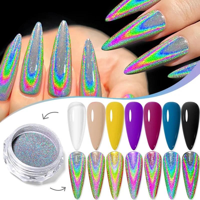1กล่องสีแดงสายรุ้งเลเซอร์เล็บผงซูเปอร์แฟลชโลหะผลเงินแววสําหรับเล็บสีอะคริลิเมจิกกระจกผง