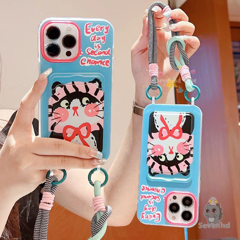 ปลอกสําหรับiphone 11 16 15 14 13 12 Pro Max XR 8 7 6 6s Plus SE 2020 X XS Maxน่ารักการ์ตูนGraffitiแมวตลกเคสโทรศัพท์ + โซ่ + ผู้ถือบัตรSoft TPUป้องกันปกหลัง