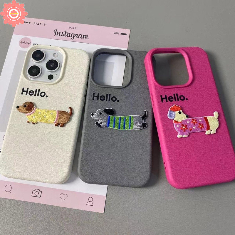สีทึบเรียบง่ายแฟชั่นhelloน่ารักการ์ตูนลูกสุนัขสําหรับiphone 15 13 11 16 14 12 Pro Max XR 16 15 14 Plus X XS Maxสีทึบหรูหราผิวรู้สึกหนังกรณีเนื้อ