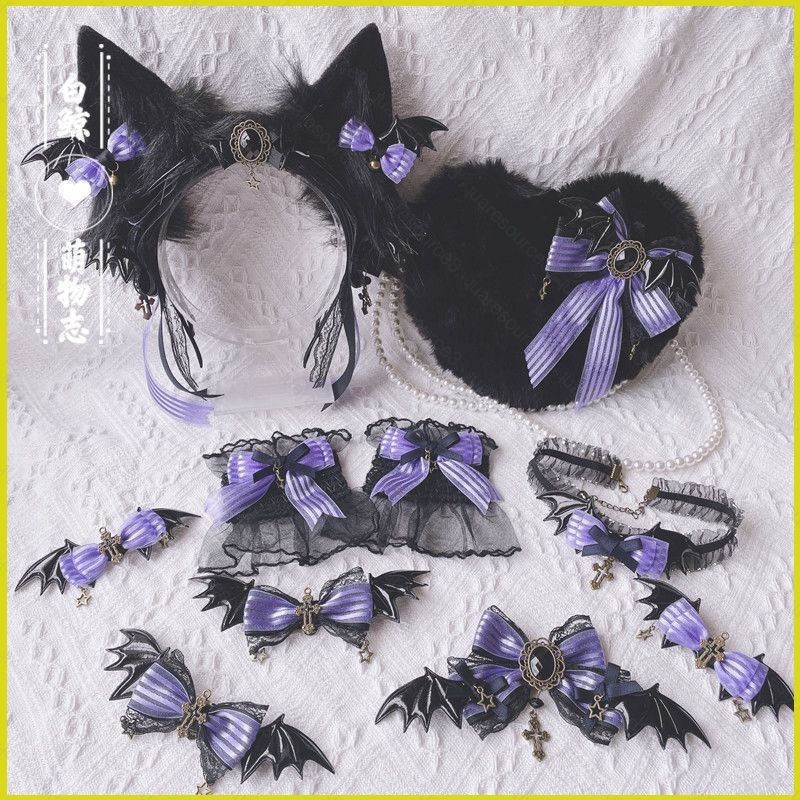 Sq3 ฮาโลวีน Kuromi Murky Gothic Lolita เครื่องประดับผมโบว์สัตว์หู KC คอสเพลย์ผม hoop สร้อยคอ