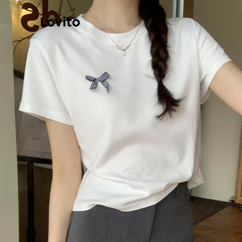 Lovito เสื้อยืดผู้หญิง เย็บปะ สีพื้น สไตล์ลำลอง LNE66066