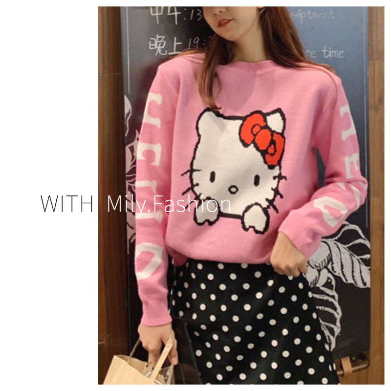 Milyfashion HelloKitty เสื้อถักแขนยาวผู้หญิงเสื้อสวมหัวคอกลมนักเรียนลายการ์ตูนสไตล์เกาหลีเข้ารูปแบบใ