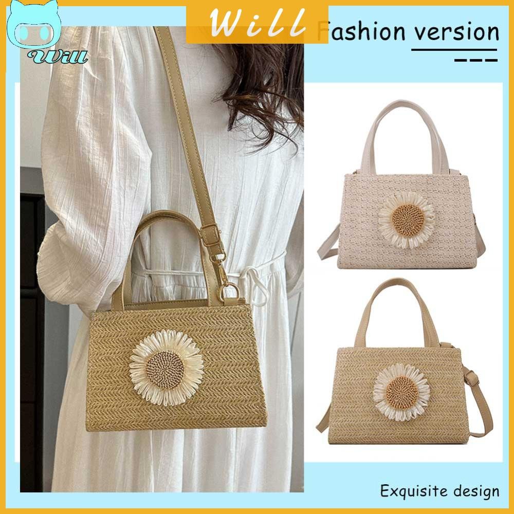 วิล Sun Flower Straw Handbag Adjustable Strap Ladies Crossbody for Vacation