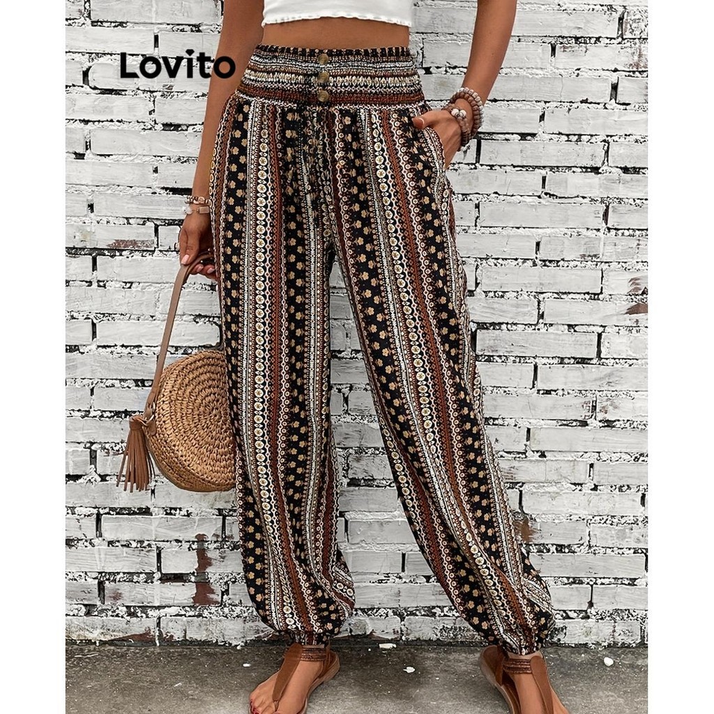 Lovito กางเกงสม็อคเขตร้อน โบโฮ สำหรับผู้หญิง LNL75382