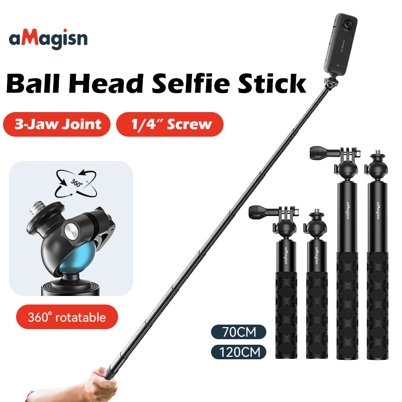 ไม้เซลฟี่เสาต่อขยาย แมกซิซิน สําหรับกล้องกีฬาที่มี 360° หัวบอลหมุนได้ 1/4 สกรูและก้านขยายอินเทอร์เฟซ 3 ขากรรไกร