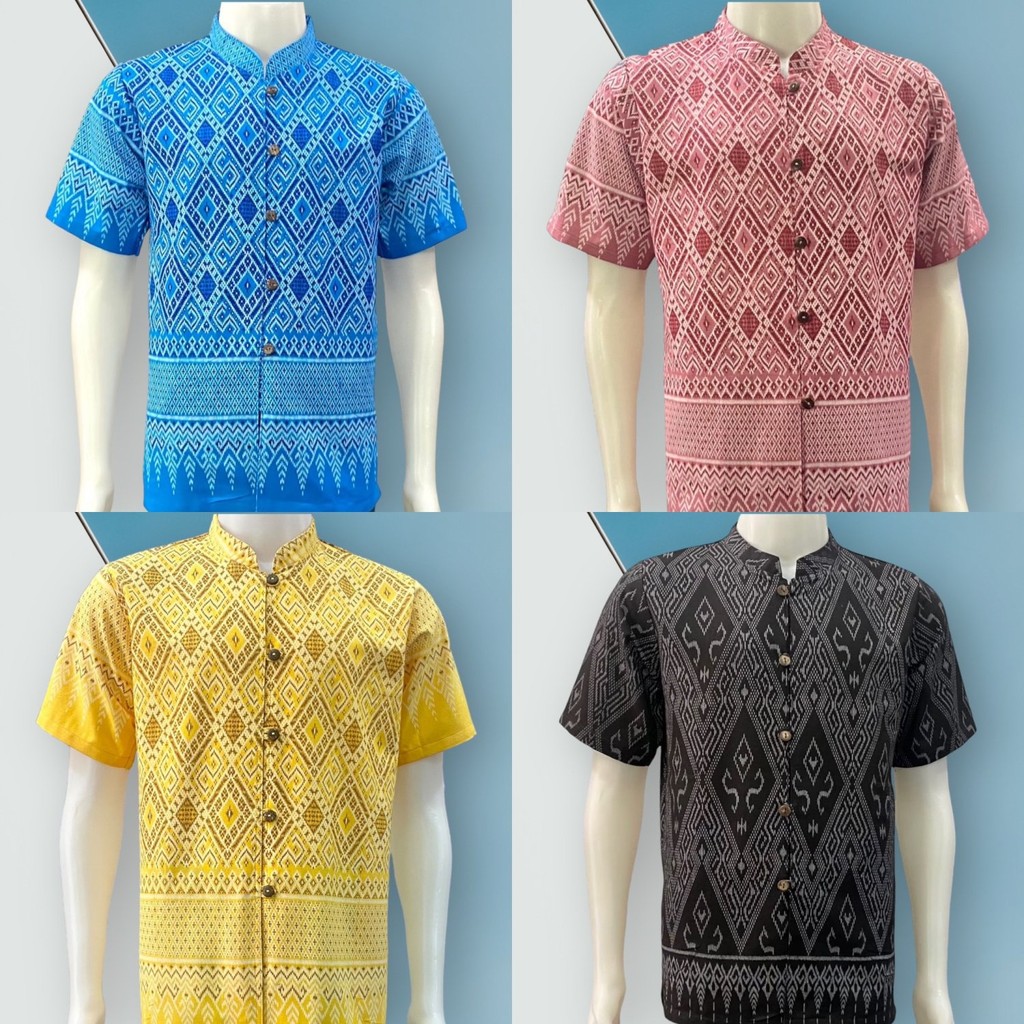 เสื้อผ้าฝ้ายพิมพ์ลายชาย-แขนสั้น สีเหลือง-รหัส 25 - รูปที่ 3