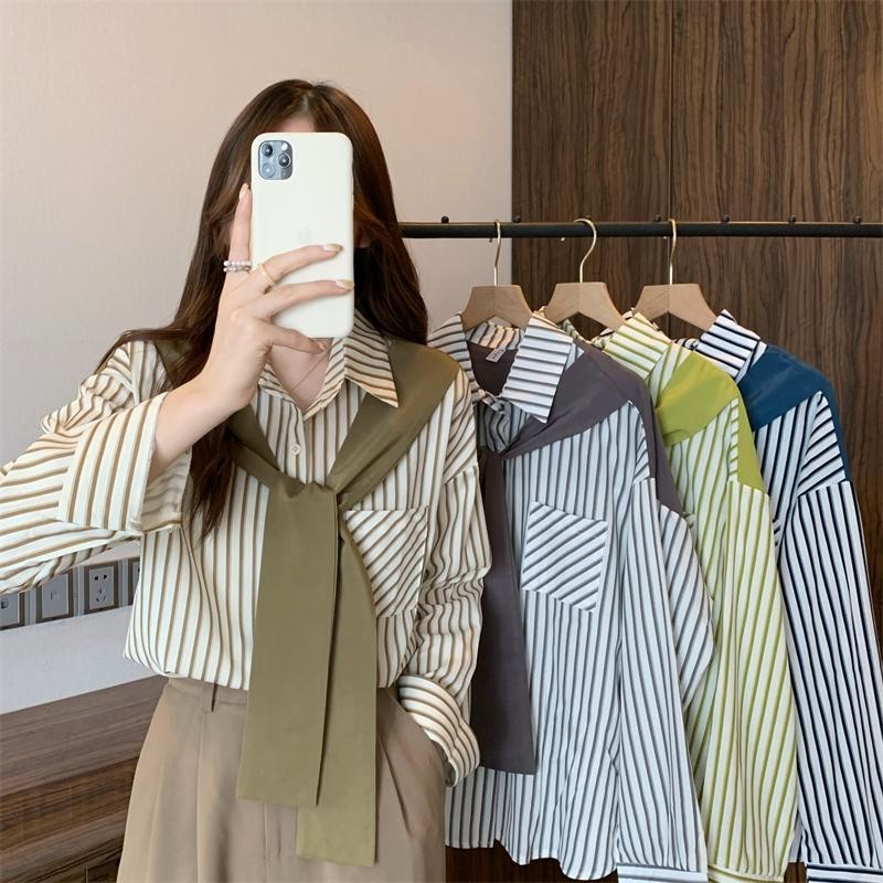 เสื้อเชิ้ตแขนยาวลําลอง เสื้อเบลาส์ คัลเลอร์บล็อก ทรงหลวม ลายทาง แฟชั่นเกาหลี เสื้อทำงาน#W334