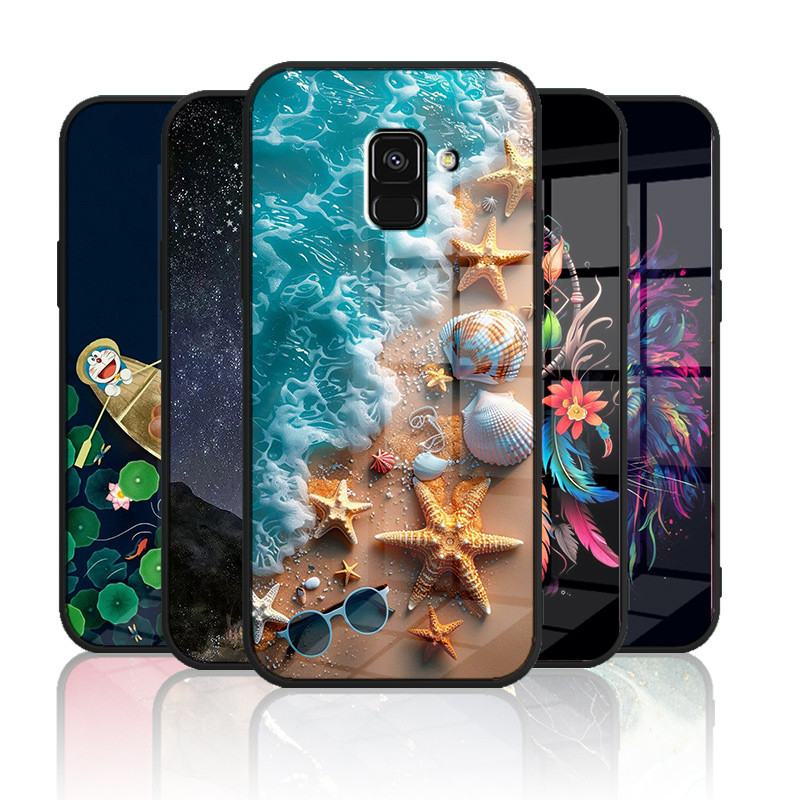 เคสกระจก Samsung galaxy A5 2018 / A8 2018 / A6 2018 / A6 plus 2018 / A8 plus 2018 / j6 2018 เคสกระจกนิรภัยฮาร์ดฝาหลังขอบซิลิคอนอ่อน
