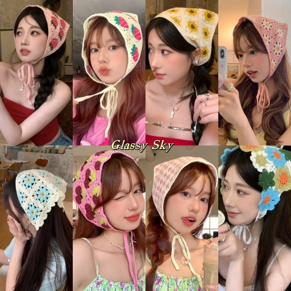 Jojo COCO ถัก Handmade โครเชต์สามเหลี่ยมผู้หญิง Headscarf แถบคาดศีรษะ Sweet Trav