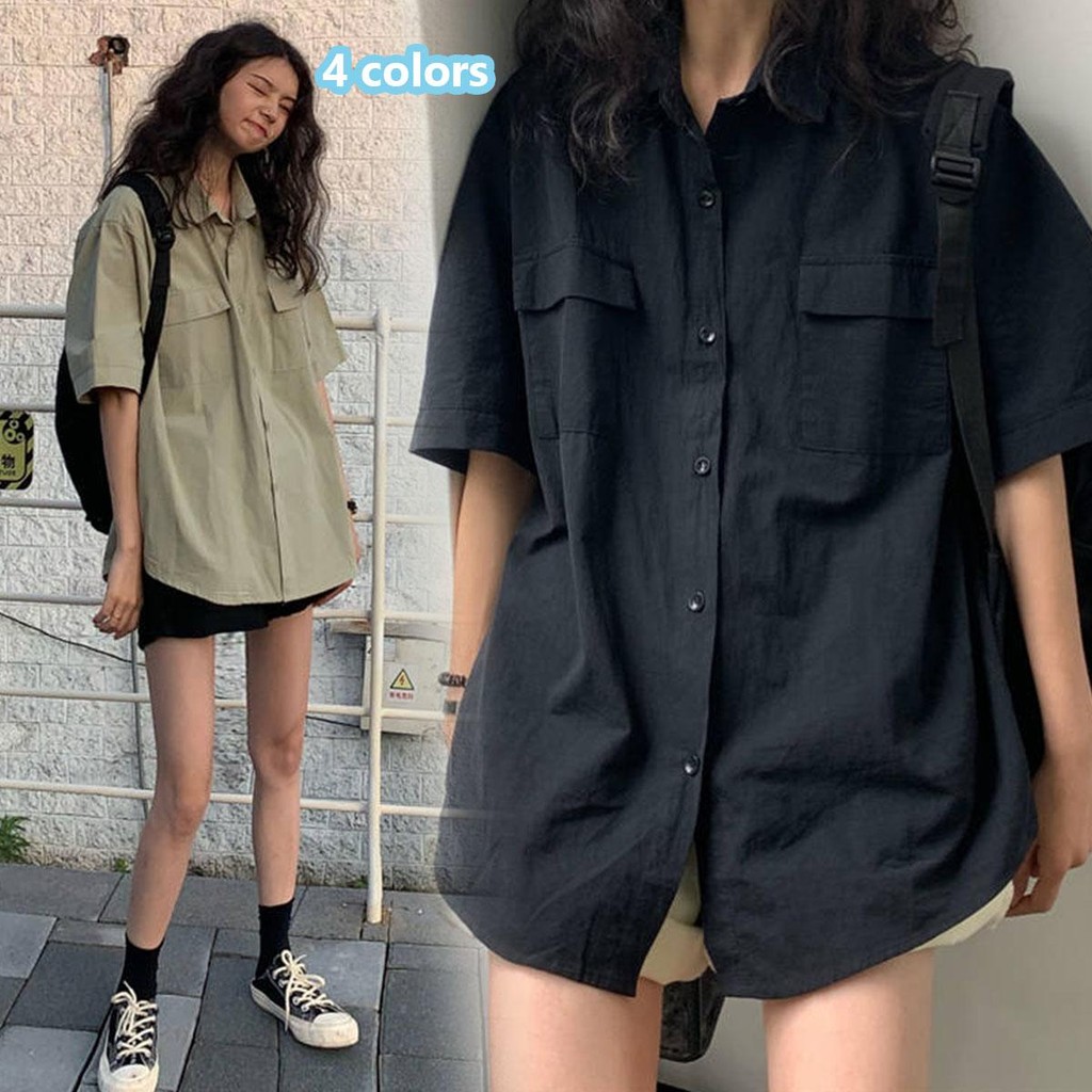KOKO#เสื้อเชิ้ตคาร์โก้แขนสั้น เสื้อลำลอง สีทึบสำหรับผู้หญิง ฤดูร้อน แฟชั่น สไตล์เกาหล ย้อนยุค#W446