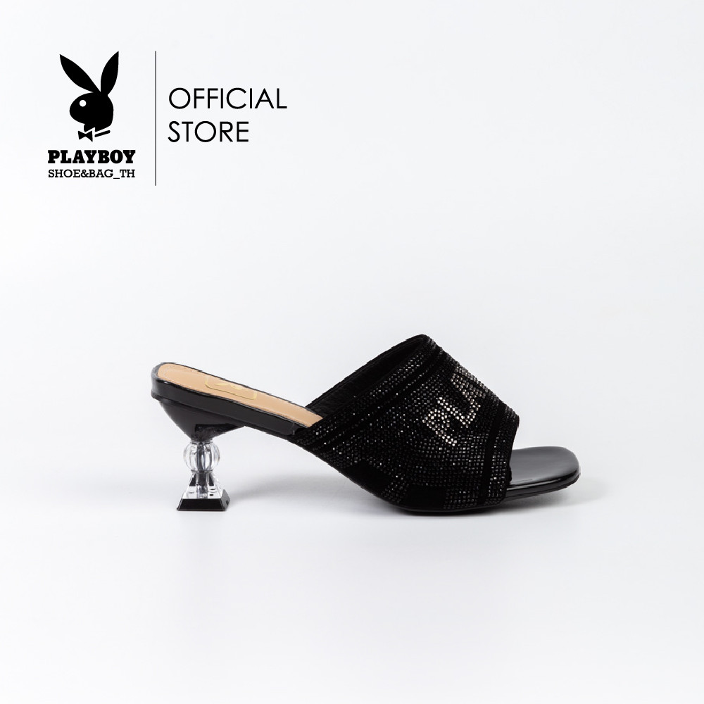 Playboy รองเท้าส้นสูง ลิขสิทธิ์แท้ รุ่น ST-H243C1180 ดีไซน์แบบสวมรีดเพชรตัวอักษรส้นแก้ว สีดำ