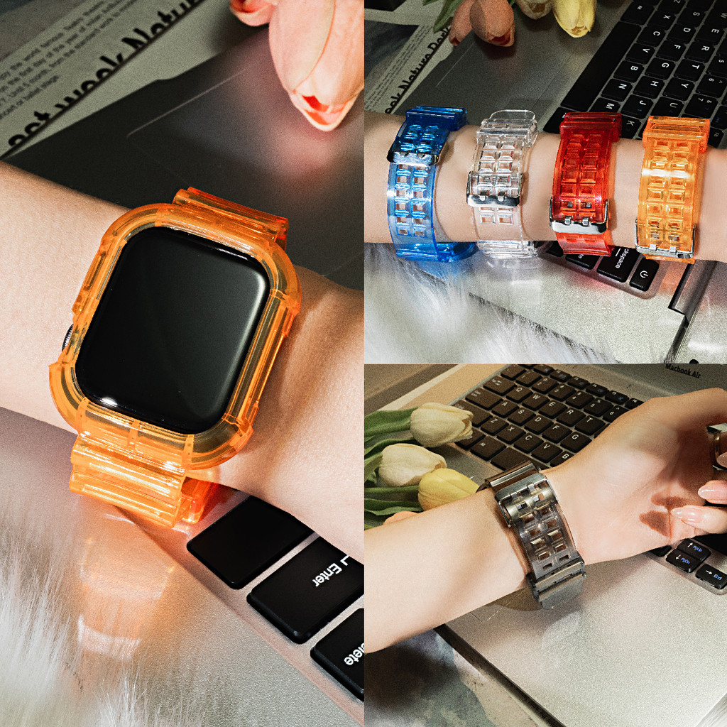 สีสันกีฬาสายและกรณีซิลิโคนใสสําหรับ Apple Watch S10 42 46 มม.9 8 7 6 SE 5 4 3 iwatch 40 มม.44 มม.42 มม.38 มม.41 มม.45 มม.