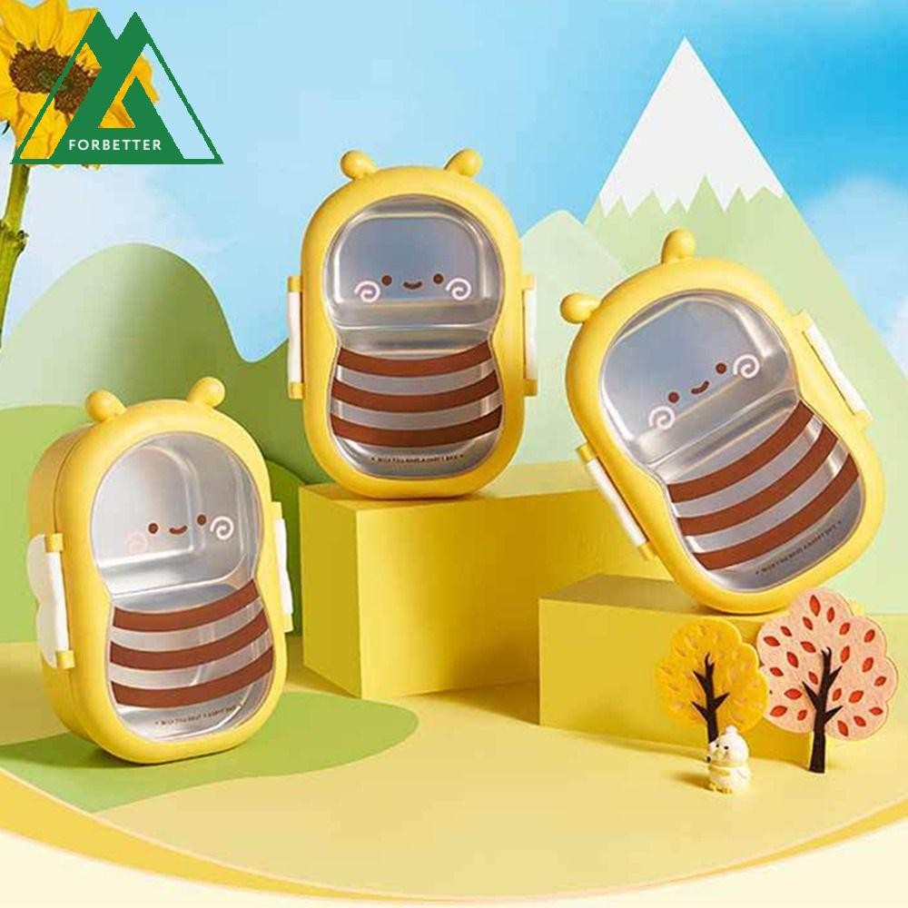 Forbetter กล่องอาหารกลางวันสแตนเลสแบบพกพาแบ่งช่อง ปิดผนึก BPA-Free รูปผึ้ง 2 ช่อง พร้อมช้อนส้อมบนโต๊ะอาหาร