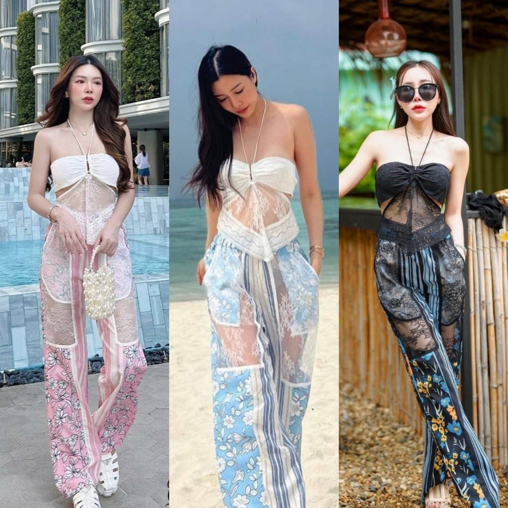 ❣️พร้อมส่ง สีฟ้า สีชมพู สีดำ  Queen ชุด Set เสื้อไปทะเล ผ้าลูกไม้ผูกคอ คู่กางเกงเอวยางยืดแต่งลูกไม้ – โปรปัง