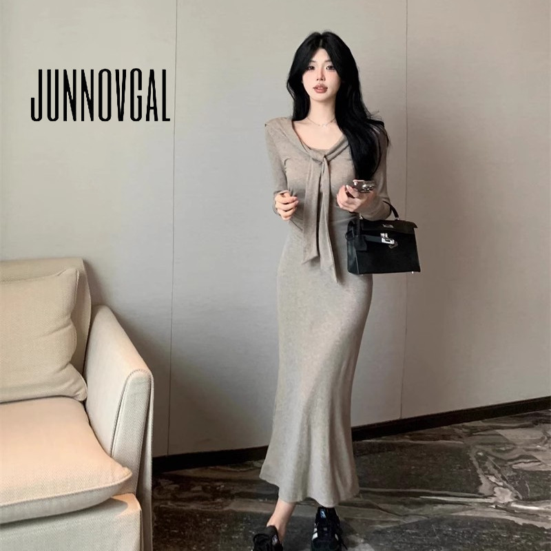 Junnovgal ผู้หญิง Midi Dress 2024 สีทึบแขนยาว Bodycon สไตล์ใหม่