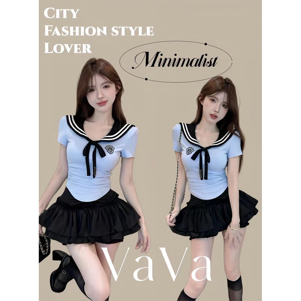 VaVa  มีสินค้า เสื้อยืดคอปกสีกรมท่า สไตล์วิทยาลัย หวาน เซ็กซี่ เสื้อยืดรัดรูป ชุดน่ารัก