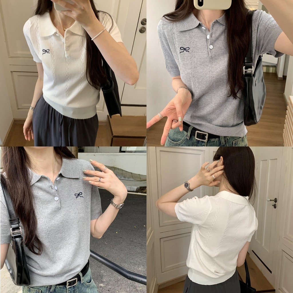 Evelyn ​เสื้อครอปไหมพรม แขนสั้น คอปก น่ารักๆ ปักลายโบว์ ยืดพอดีตัว สไตล์เกาหลี ส่งไวจากไทย#YT23