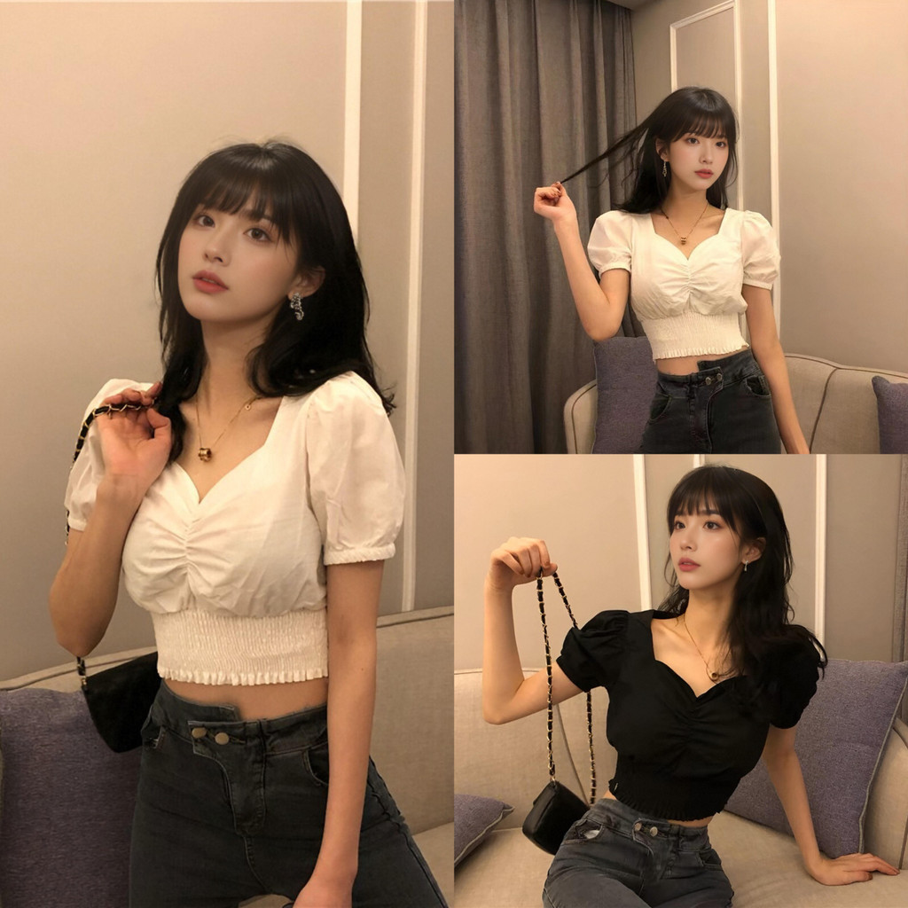 เสื้อแฟชั่นคอวีทรงสวยใส่สบาย ดีไซน์ครอปแขนตุ๊กตาพร้อมลายสก๊อต