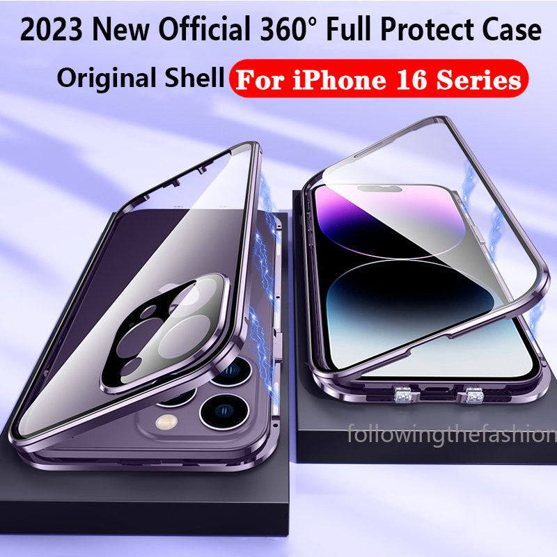 สําหรับ iPhone 16 Pro Max iPhone16 Plus 16Pro Promax 5G 2024 เคสโทรศัพท์ 360° โลหะแม่เหล็กกันกระแทกเต็มรอบทิศทาง ความละเอียดสูง กระจกเหนียวกล้องเลนส์ป้องกันพลิกล็อคปก