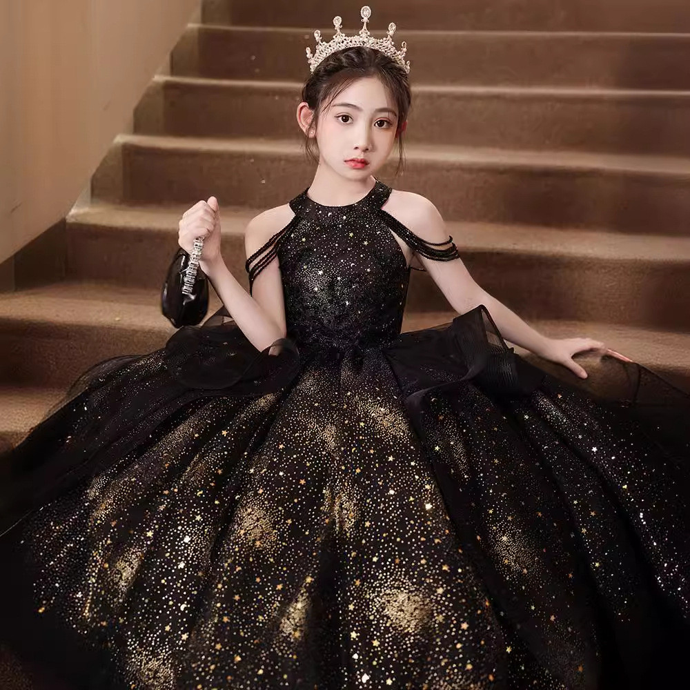 ชุดราตรีเด็กผู้หญิงแสงหรูหราซอกระดับไฮเอนด์ชุดเจ้าหญิงสีดําเด็กรันเวย์โฮสต์เปียโนเครื่องแต่งกายประสิทธิภาพ เช่น281
