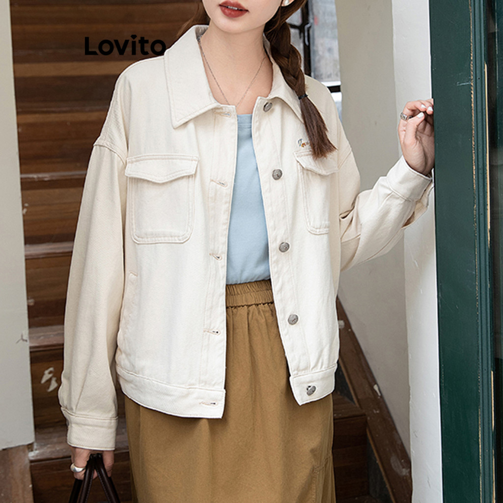 Lovito เสื้อแจ็คเก็ตยีนส์ลายกระเป๋าธรรมดาสำหรับผู้หญิง LNE77497
