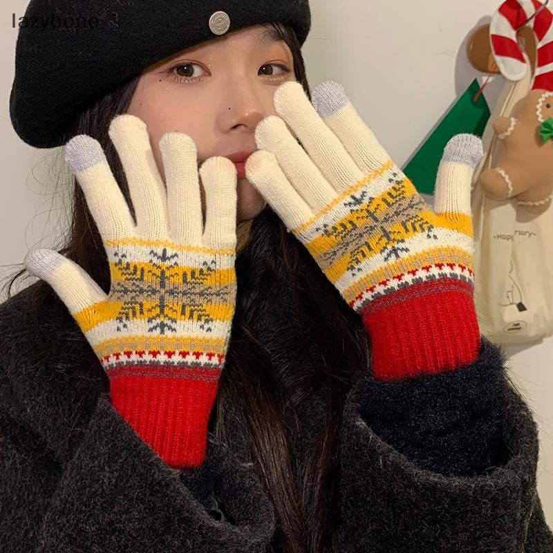 {LZ} คริสต์มาส Snowflakes ถุงมือฤดูหนาวผู้หญิง Knitg หน้าจอสัมผัสอุ่น Mittens นุ่มสบายสาวของขวัญ {lazybone}