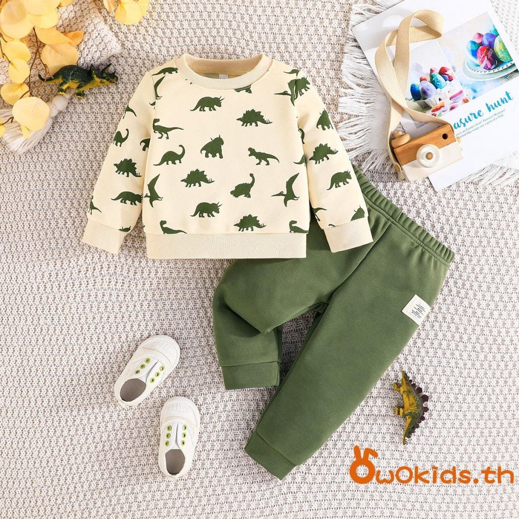 Grao-baby Boy Fall Outfit เสื้อสเวตเตอร์แขนยาวพิมพ์ลายไดโนเสาร์และกางเกงยางยืดเสื้อผ้า 2 ชิ้นสําหรับเด็กวัยหัดเดิน