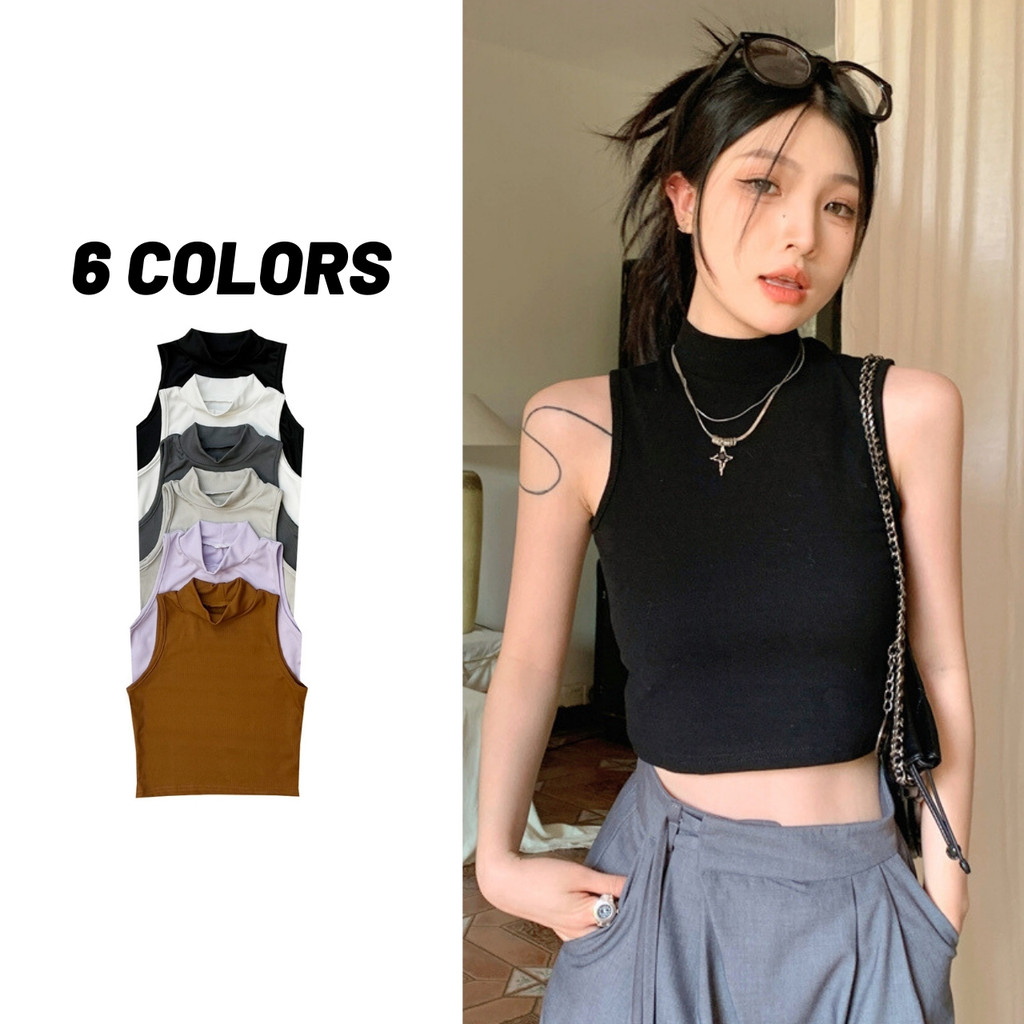 Sale80% เสื้อคอเต่าแขนกุด ทรงเข้ารูป เสื้อครอป ผ้าร่องยืด 9 สี