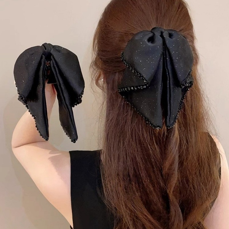 สีดําซาตินหางม้าคู่กิ๊บแฟชั่นเกาหลีโบว์กิ๊บอุปกรณ์ผมสําหรับผู้หญิง