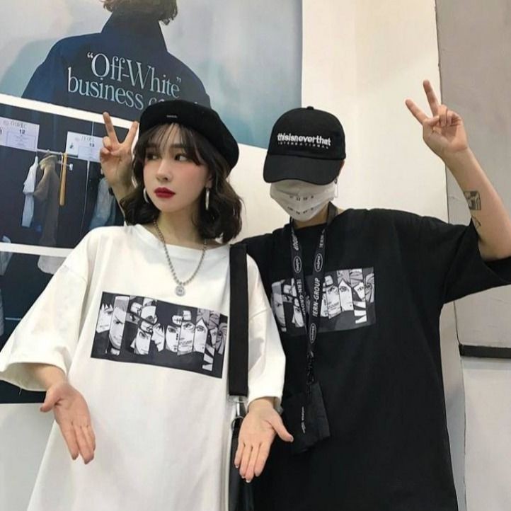 เสื้อคู่รักชายหญิง oversize  เสื้อผ้าวัยรุ่นแฟชั่นเกาหลี  ลายการ์ตูน  คอกลม  สตรีท น่ารัก