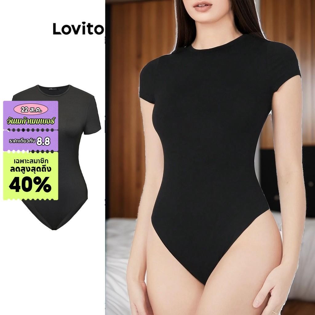 Lovito บอดี้สูทผู้หญิง แต่งจีบ สีพื้น สไตล์ลำลอง L87ED251