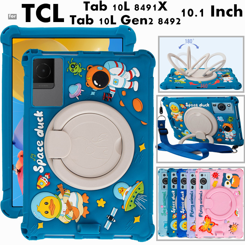 for TCL Tab 10L Gen2 8492 8491X 10.1" 360 Degree Rotating Cute Cartoon Shockproof Soft Silicone Protective Sleeve Stand Cover