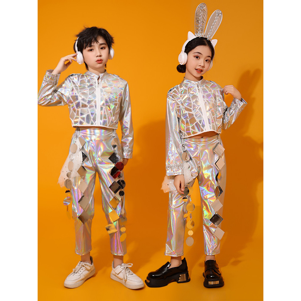 เด็กซิลเวอร์แจ๊สเทคโนโลยีสไตล์ชุดหุ่นยนต์ฮิปฮอปถนนเต้นรําเครื่องแต่งกายคอนเสิร์ตเกมเครื่องแต่งกาย