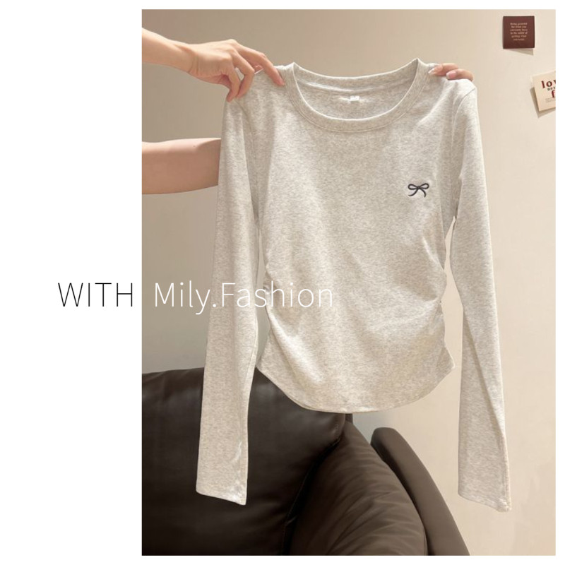 Milyfashion เสื้อตัวในคอกลมแบบพื้นฐานสีทึบสำหรับผู้หญิงเสื้อยืดแขนยาวเข้ารูปเอวจีบด้านในสำหรับฤดูใบไม้ร่วง2024